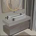 Modern Bathroom Vanity Sink With Sleek Faucet Round Mirror And Wooden Countertop Storage