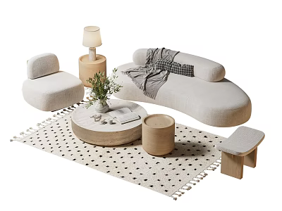 Minimalist Curved Sofa and Round Coffee Table Set with Rug Stool Lamp and Plant 3d model