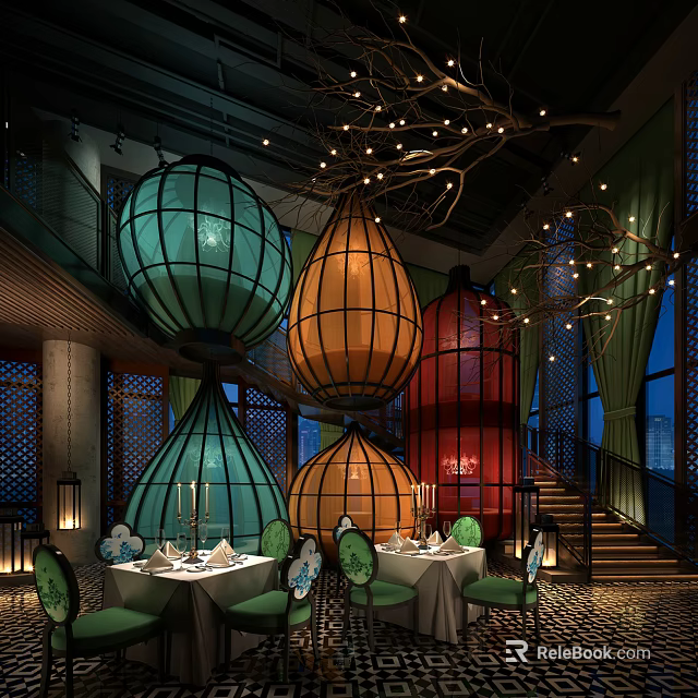 Navy Blue Restaurant Interior With Large Colorful Lanterns Green Chairs And Round Tables 3d model 