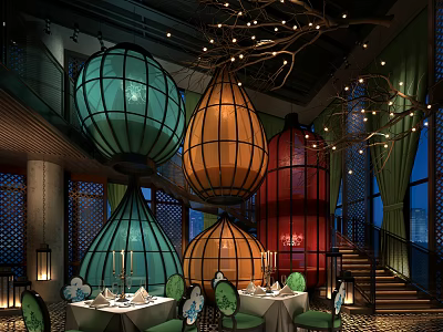 Navy Blue Restaurant Interior With Large Colorful Lanterns Green Chairs And Round Tables 3d model