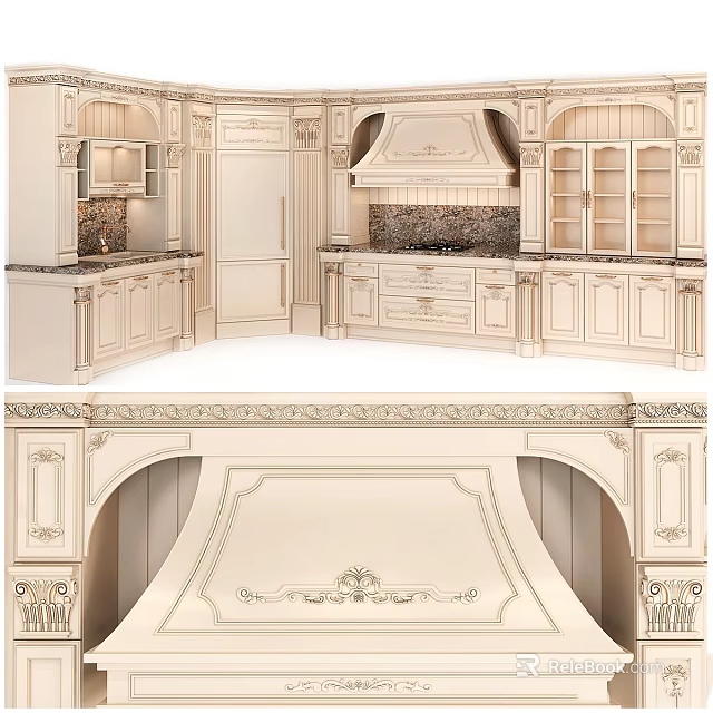 Ivory White Classical European Kitchen Cabinets With Carved Arched Door Details 3d model 