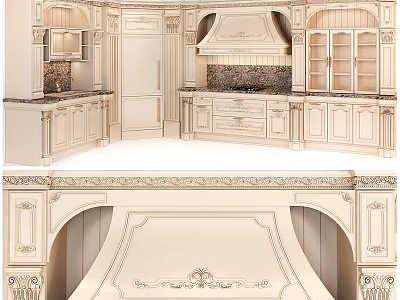Ivory White Classical European Kitchen Cabinets With Carved Arched Door Details 3d model