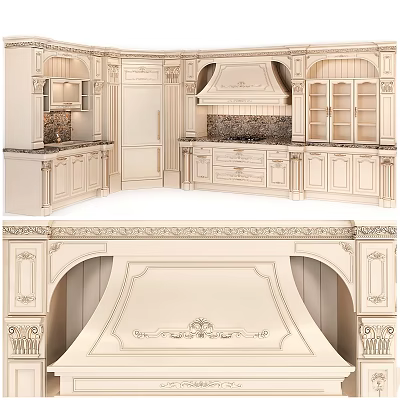 Ivory White Classical European Kitchen Cabinets With Carved Arched Door Details 3d model