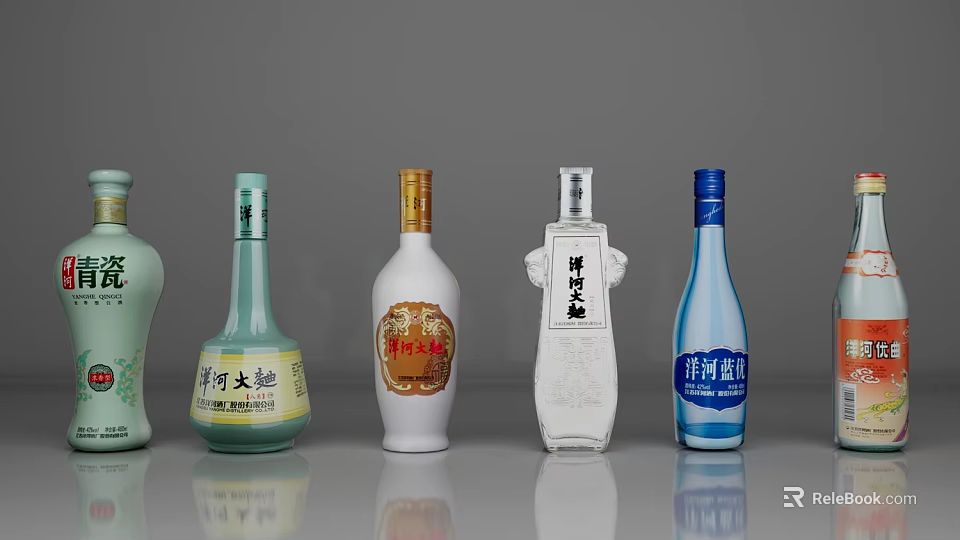 Chinese Baijiu Wine Bottles with Various Colors and Brand Labels Arranged Neatly on Gray Background 3d model 