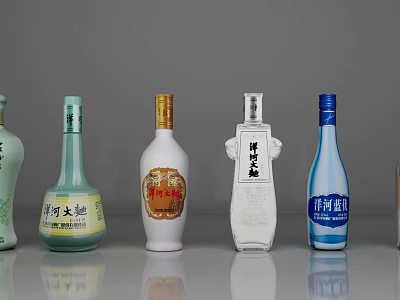 Chinese Baijiu Wine Bottles with Various Colors and Brand Labels Arranged Neatly on Gray Background 3d model