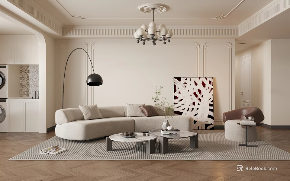 Elegant Modern Living Room Design With Beige Curved Sofa Round Coffee Tables And Abstract Painting 3d model 