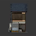 Traditional Japanese Wooden House With Blue Roof Balcony Windows And Potted Plants