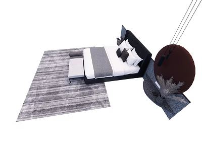 Modern Double Bed Interior With Black Headboard Gray White Bedding Nightstands And Gray Rug 3d model