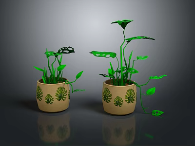 Green Leafy Plants in Decorative Pots with Leaf Patterns for Interior Decor 3d model