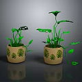 Green Leafy Plants in Decorative Pots with Leaf Patterns for Interior Decor