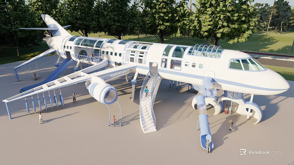 Outdoor Public Playground Featuring Airplane Shaped Structure With Slides Stairs And Green Trees 3d model 