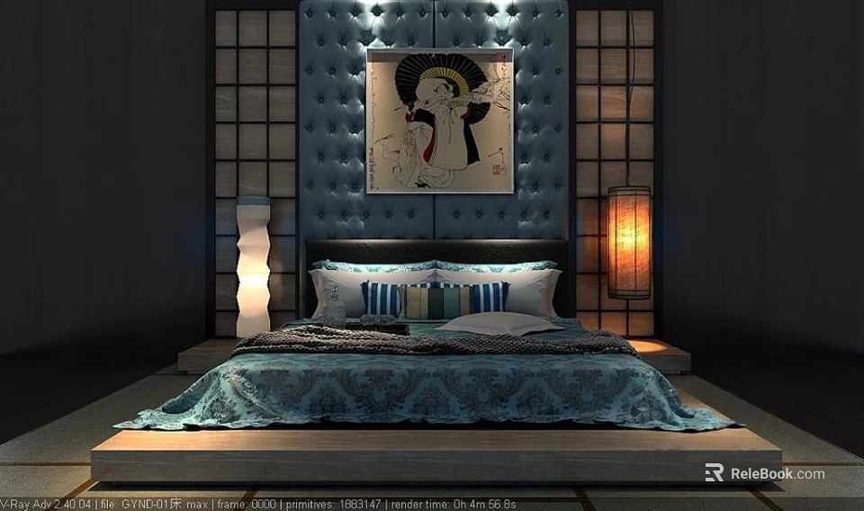 Bedroom Interior With Background Double Bed Blue Tufted Headboard Painting Table Lamps And Patterned Bedspread 3d model 