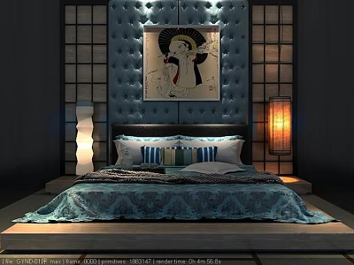 Bedroom Interior With Background Double Bed Blue Tufted Headboard Painting Table Lamps And Patterned Bedspread 3d model