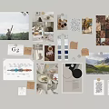 Creative Photo Wall with Landscape Photos People Collages Charts Shapes Notes Cards on Light Background