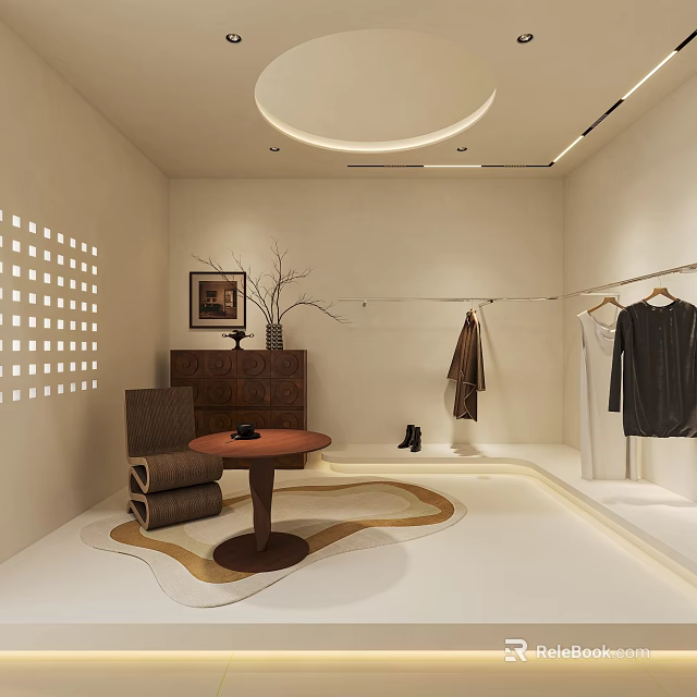 Modern Clothing Store Interior With Hanging Clothes Armchair Round Table And Decorative Painting 3d model 