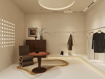 Modern Clothing Store Interior With Hanging Clothes Armchair Round Table And Decorative Painting 3d model