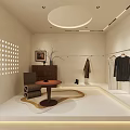 Modern Clothing Store Interior With Hanging Clothes Armchair Round Table And Decorative Painting