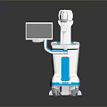 White And Blue Mobile Medical Equipment With Display Screen And Mechanical Arm
