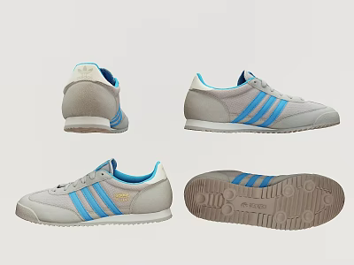 Retro Gray Casual Sneakers With Blue Stripes Showing Multiple Angles And Comfortable Sole 3d model