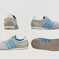 Retro Gray Casual Sneakers With Blue Stripes Showing Multiple Angles And Comfortable Sole