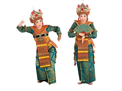 Women Performing Traditional Dance In Green Gold Brown Costumes With Ornate Headdresses And Fans 3d model