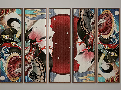 Japanese Style Five Panel Portrait Painting Featuring Ukiyo e Elements Female Face and Traditional Patterns 3d model