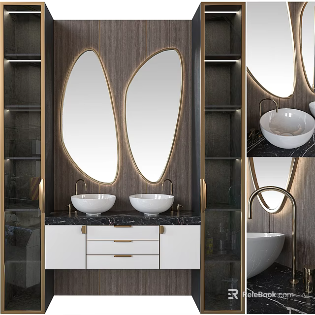 Modern Bathroom Vanity With Double White Sinks And Gold Framed Oval Mirrors 3d model 