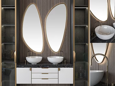 Modern Bathroom Vanity With Double White Sinks And Gold Framed Oval Mirrors 3d model
