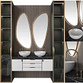 Modern Bathroom Vanity With Double White Sinks And Gold Framed Oval Mirrors