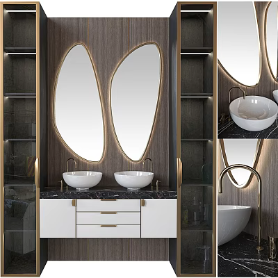 Modern Bathroom Vanity With Double White Sinks And Gold Framed Oval Mirrors 3d model