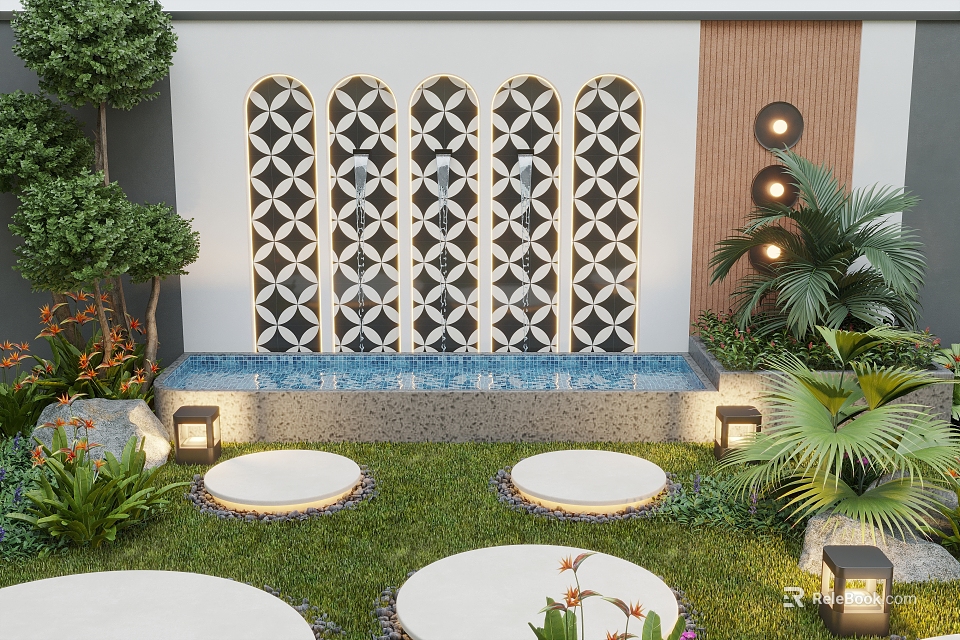 Modern Garden With Decorative Patterned Wall Water Feature Circular Seating And Green Plants 3d model 