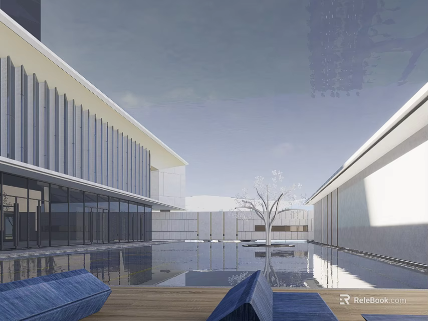 Modern Sales Office Building Featuring Glass Curtain Wall Water Feature And Outdoor Seating Area 3d model 