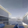 Modern Sales Office Building Featuring Glass Curtain Wall Water Feature And Outdoor Seating Area