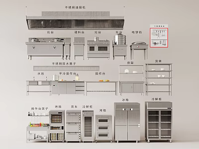 Commercial Kitchen Appliances With Stainless Steel Cabinets Storage Racks And Cooking Tools 3d model