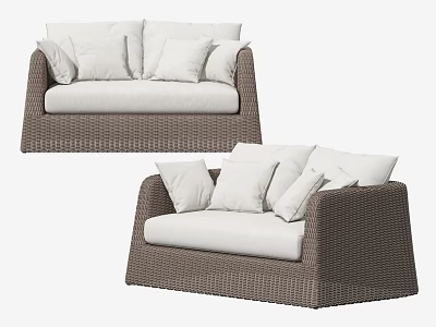 Stylish Brown Rattan Outdoor Sofa With White Cushions And Pillows 3d model
