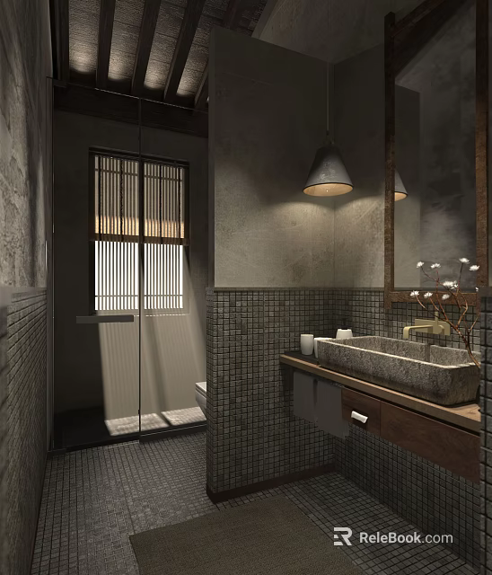 Hotel Bathroom Interior With Gray Tiled Walls Glass Shower And Wooden Vanity 3d model 