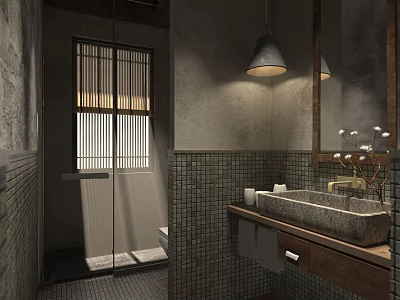 Hotel Bathroom Interior With Gray Tiled Walls Glass Shower And Wooden Vanity 3d model