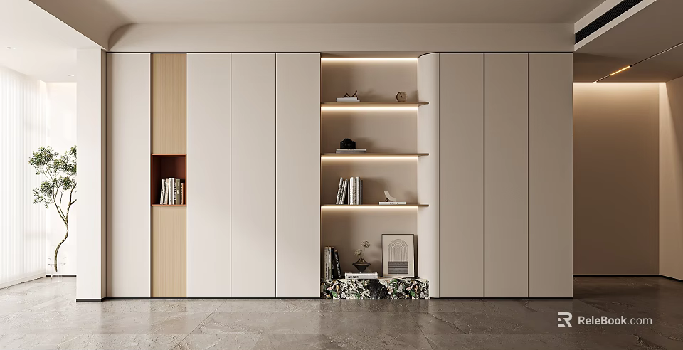 Modern White Wooden Bookcase With Open Shelves LED Lighting And Decorative Books 3d model 