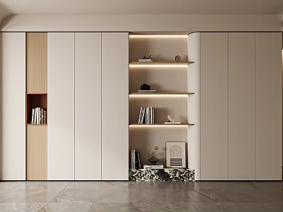 Modern White Wooden Bookcase With Open Shelves LED Lighting And Decorative Books 3d model