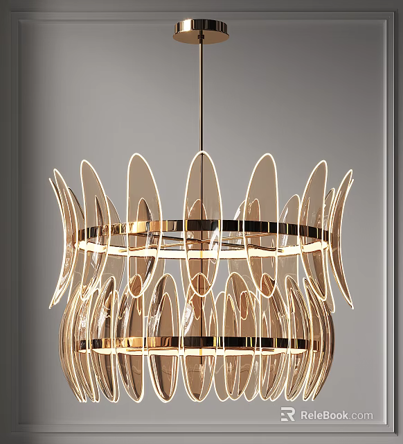 Modern Golden Chandelier With Curved Transparent Blades And Elegant Lighting Design 3d model 