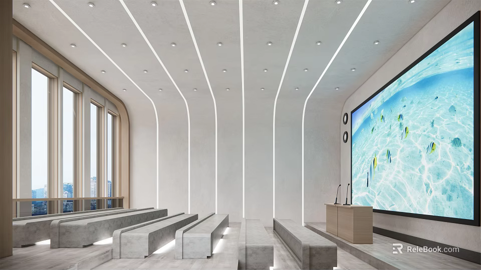 School Modern Spacious Classroom With Large Screen Benches And Bright Lighting Design 3d model