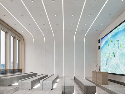 School Modern Spacious Classroom With Large Screen Benches And Bright Lighting Design 3d model