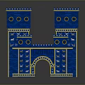 Dual Blue Decorative Towers With Gold Accents Arched Entrance And Traditional Patterns