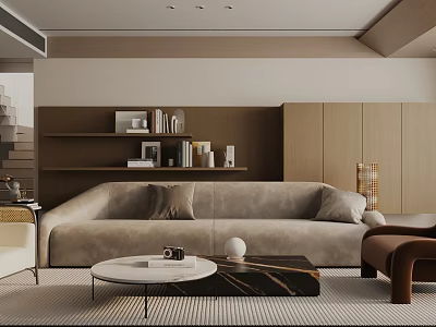 Modern Living Room Interior With Beige Sofa Wooden Bookshelf And Marble Coffee Table 3d model