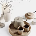 Minimalist Ceramic Tea Set With Teapot Cups Lidded Jar Wooden Tray Vase And Dried Branches
