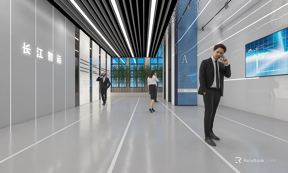 Modern Hotel Reception Area With Front Desk Staff And Glass Partition Design 3d model 