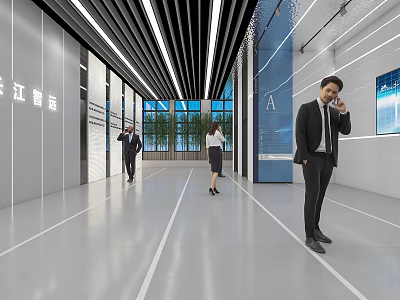 Modern Hotel Reception Area With Front Desk Staff And Glass Partition Design 3d model