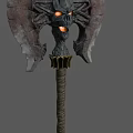 Mythical Ornate Weapon With Bat Like Wings Glowing Orange Core And Wrapped Wooden Handle