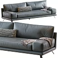 Sectional Sofa In Dark Green Leather Light Gray Fabric With Patterned Pillows Knit Throw Blankets 3d model