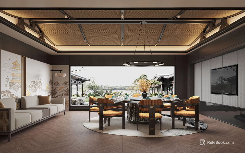 Traditional Chinese Private Dining Room Interior With Round Table Wooden Chairs And Scenic Outdoor View 3d model